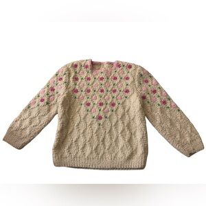Hand Knit Mohair Wool Blend Fair isle Cottagecore Floral Sweater M Tan Pink